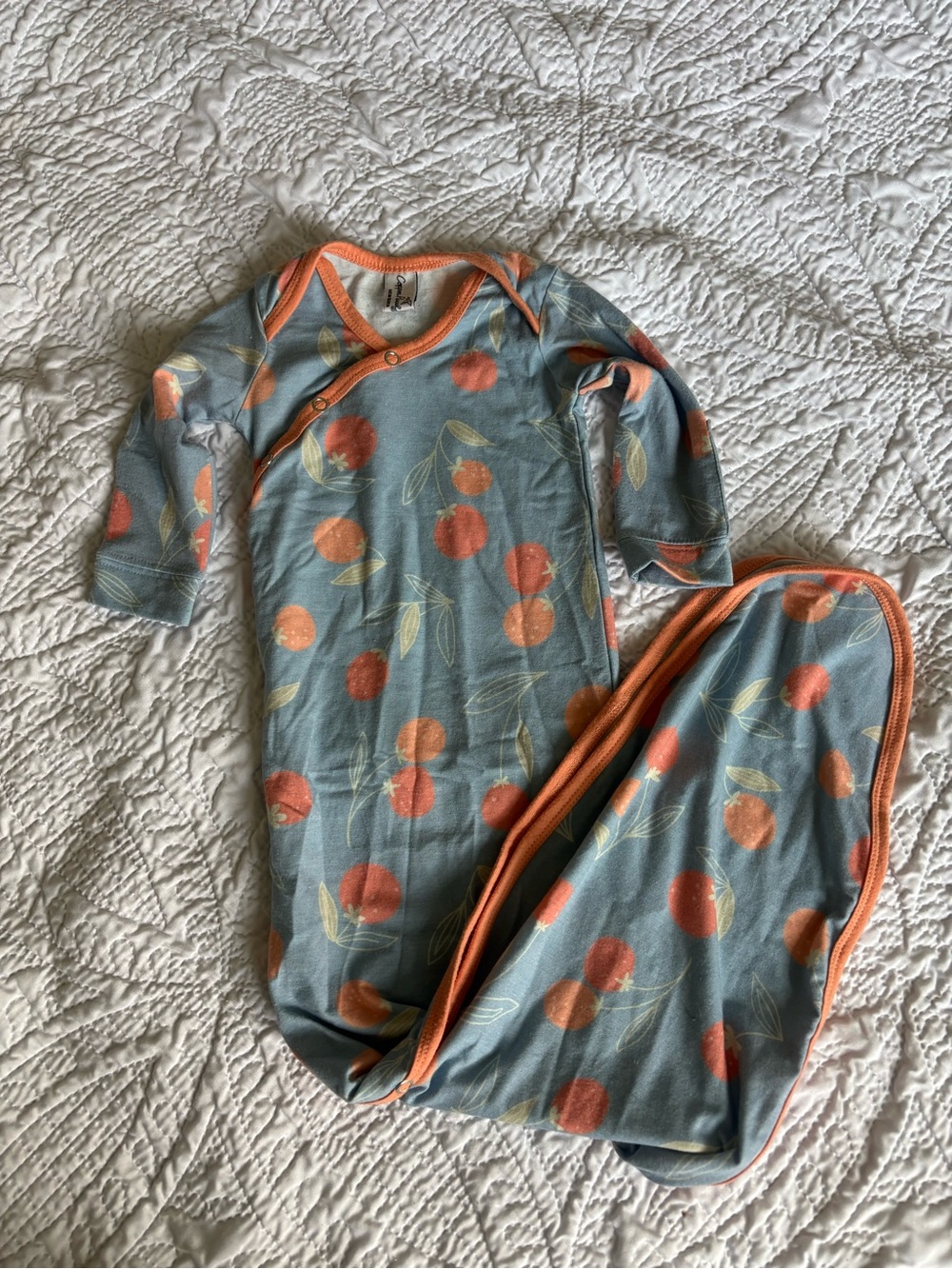 Copper Pearl Newborn Gown with Orange Fruit Print - Blue and Peach 🍑
